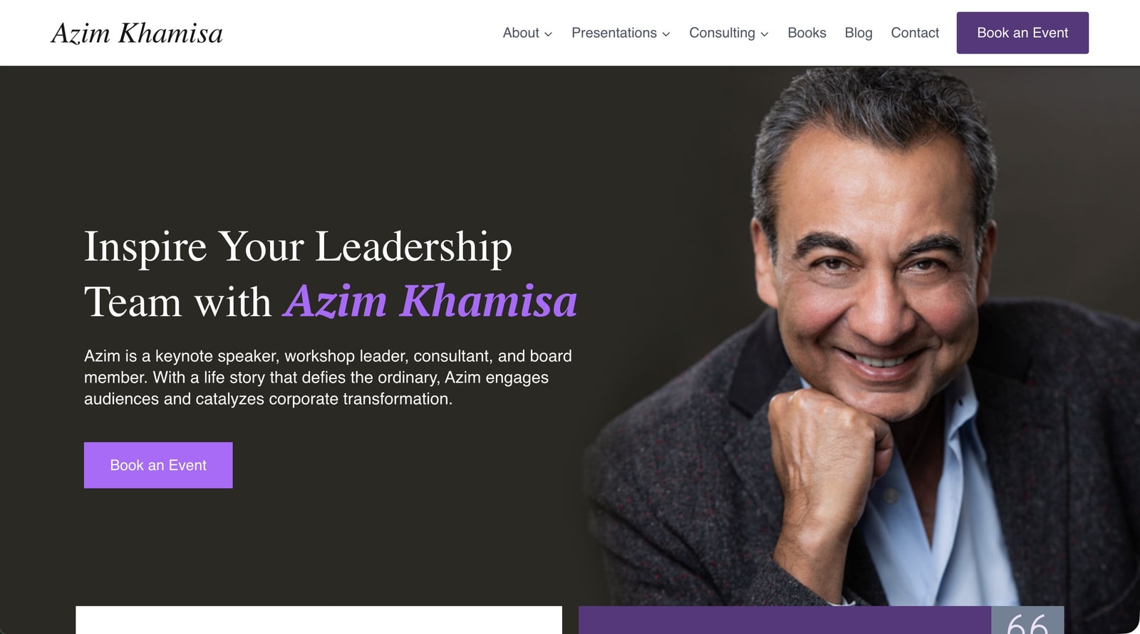 Azim Khamisa homepage, built 2024 in WordPress with Elementor.