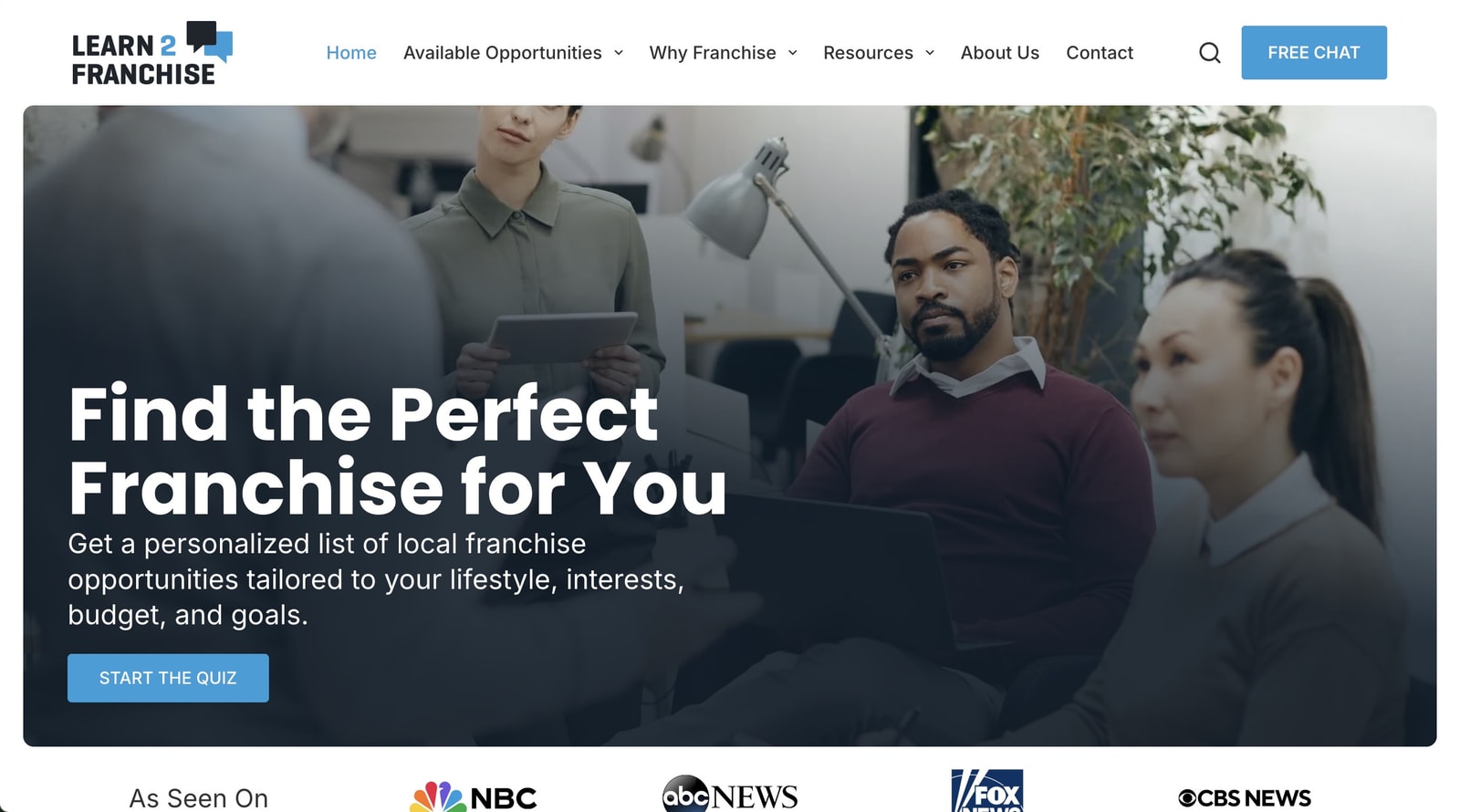 Learn2Franchise homepage, built 2024 in WordPress with Elementor.