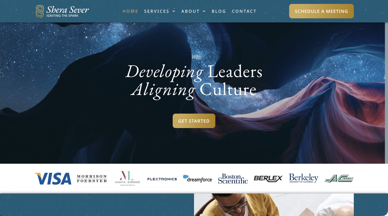 Shera Sever homepage, built 2023 in WordPress with Elementor.