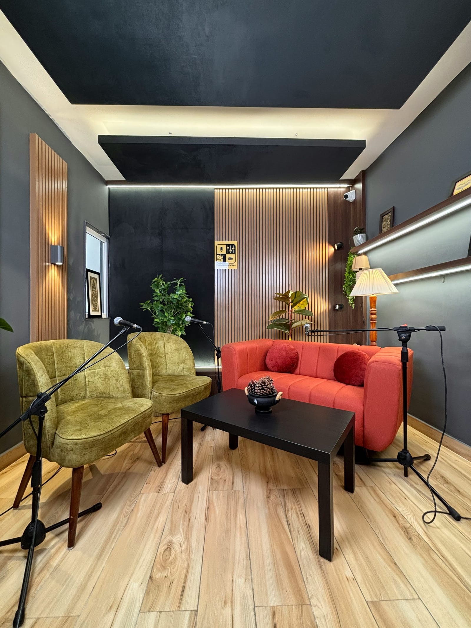Two armchairs and microphones set for an interview